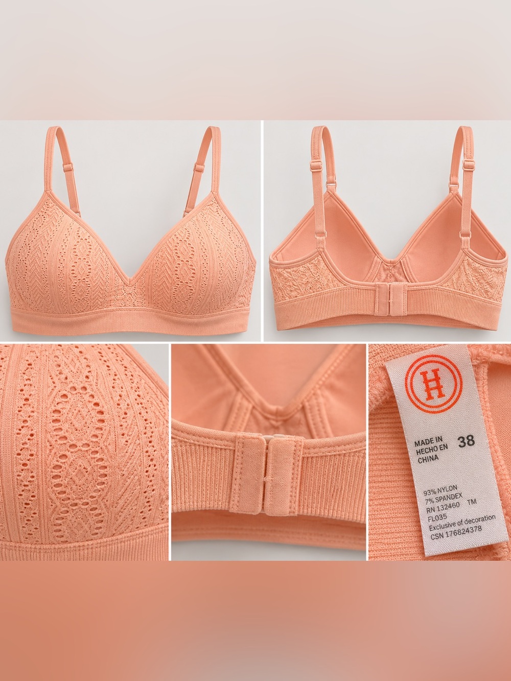 wonder nation Peach Lace Wireless Bra - Light Coral-size 38